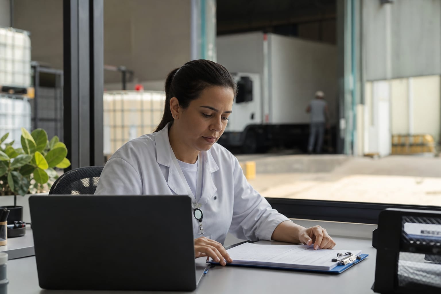 Funcionária de transportadora de resíduos digitando em um notebook no escritório, com prancheta ao lado e galpão ao fundo.
