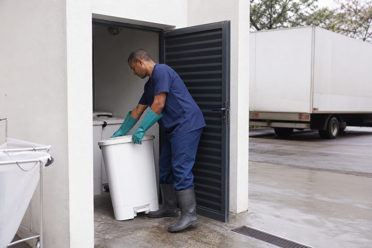 Coletor uniformizado retirando recipiente branco do abrigo externo de resíduos de uma clínica.