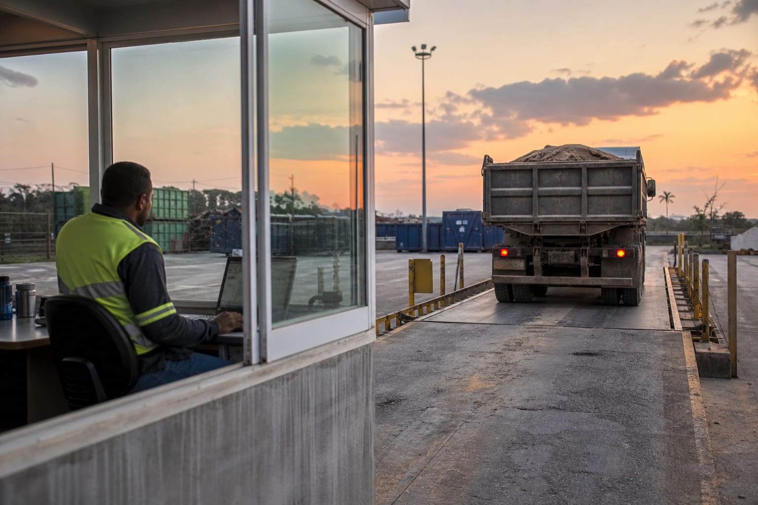 Caminhão sobre balança rodoviária ao entardecer, com operador na cabine de pesagem.